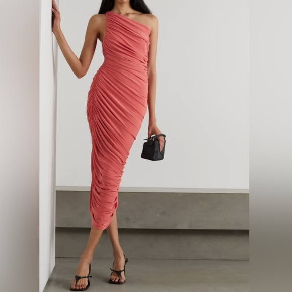 NWT Norma Kamali Diana Gown Papaya Pink One Shoulder Tight Small 36 Formal Dress - Picture 9 of 10